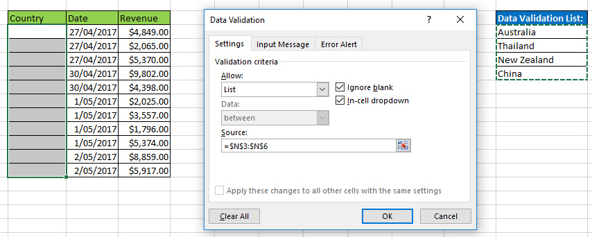 excel data validation list from table